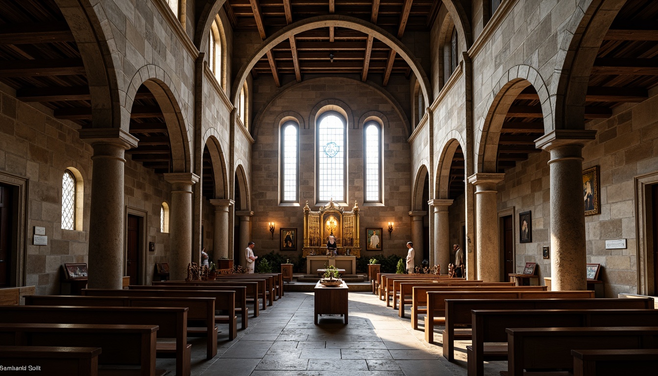 Prompt: Ancient stone church, rustic masonry textures, weathered facades, Gothic arches, stained glass windows, intricate carvings, grandiose entranceways, ornate pulpit, vaulted ceilings, dimly lit nave, warm candlelight, soft natural lighting, dramatic shadows, 1/2 composition, shallow depth of field, realistic stone renderings, ambient occlusion.