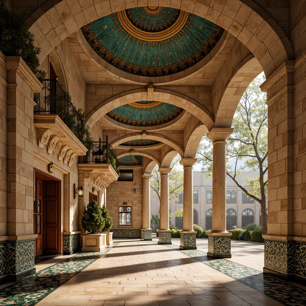 Prompt: \Majestic Byzantine-style visitor center, ornate stone carvings, golden domes, intricate mosaics, grand archways, vibrant turquoise accents, warm beige stonework, ornamental columns, rustic wooden doors, stained glass windows, natural light pouring in, shallow depth of field, 1/1 composition, symmetrical framing, dramatic shadows, warm afternoon lighting, realistic textures, ambient occlusion.\Let me know if this meets your requirements!