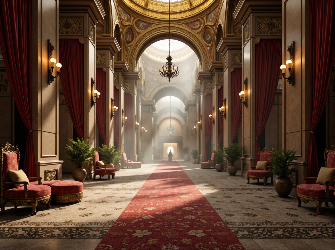 Prompt: Grandiose entrance halls, ornate mosaics, golden domes, intricately patterned floors, majestic archways, lavish chandeliers, richly textured fabrics, opulent furnishings, regal throne-like seating, ancient artifact displays, vaulted ceilings, warm soft lighting, atmospheric fog effects, 1/1 composition, symmetrical framing, dramatic low-angle shots, ornate metalwork, precious stone inlays, fresco-adorned walls, lavish drapery, solemn ambiance, mystical atmosphere.