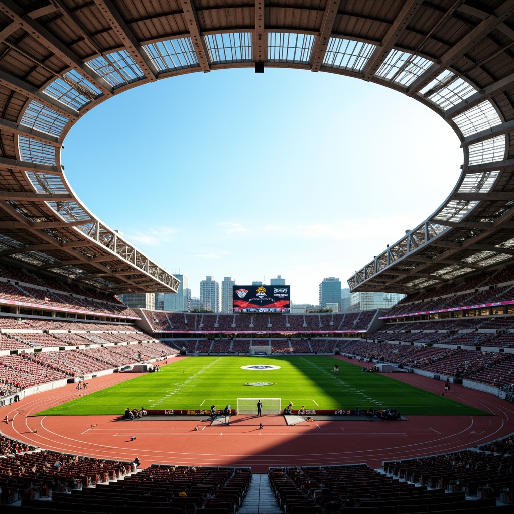 Prompt: Dynamic football stadium, curvaceous lines, metallic latticework, cantilevered roofs, angular fa\u00e7ades, vibrant team colors, athletic tracks, lush green grass, modernist architecture, bold geometric shapes, asymmetrical compositions, dramatic lighting effects, sun-drenched atmosphere, low-angle photography, cinematic depth of field, 2/3 composition, urban cityscape backdrop, bustling crowd scenes, electric scoreboard displays.