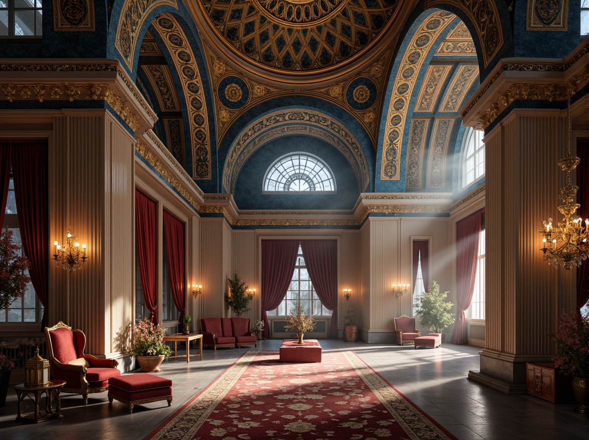 Prompt: Byzantine-inspired palace, intricately patterned mosaics, azure domes, golden accents, ornate archways, rich velvet drapes, majestic thrones, regal furniture, lavish tapestries, opulent chandeliers, warm candlelight, soft misty atmosphere, mystical ambiance, 1/1 composition, shallow depth of field, realistic textures, ambient occlusion.