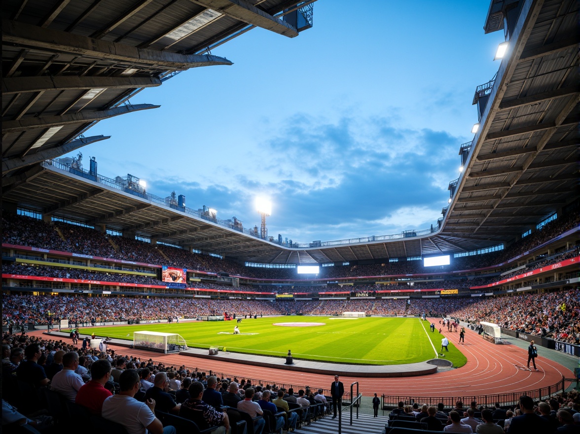 Prompt: Dynamic football stadium, angular steel beams, cantilevered roofs, futuristic architecture, vibrant team colors, sleek modern design, tiered seating, lush green grass, athletic tracks, floodlighting, evening atmosphere, dramatic shadows, shallow depth of field, 3/4 composition, panoramic view, realistic textures, ambient occlusion.