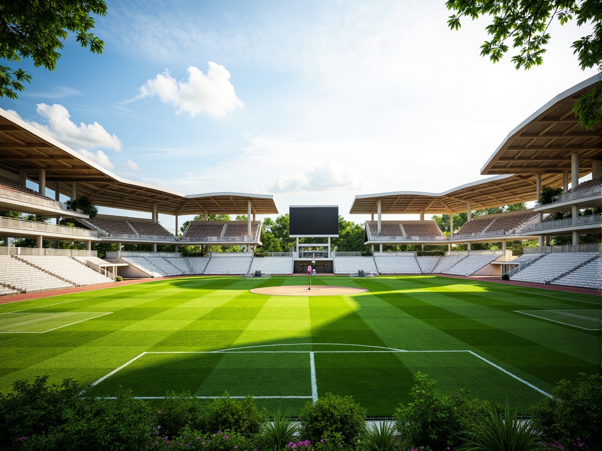 Prompt: Organic sports field, lush green grass, athletic tracks, soccer goals, basketball hoops, tennis courts, bleacher seating, scoreboard displays, modern stadium architecture, cantilevered roofs, exposed steel beams, minimalist design, functional layouts, safety railings, athletic equipment storage, shaded spectator areas, natural ventilation systems, warm sunny day, soft diffused lighting, shallow depth of field, 2/3 composition, symmetrical framing, realistic textures, ambient occlusion.