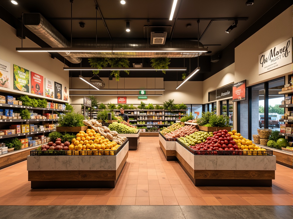 Prompt: Vibrant grocery store, fresh produce stands, crisp vegetables, juicy fruits, warm beige walls, rich wood accents, earthy terracotta floors, natural stone countertops, modern metal shelving, glass display cases, colorful packaging, lively branding, bright LED lighting, shallow depth of field, 1/1 composition, realistic textures, ambient occlusion.