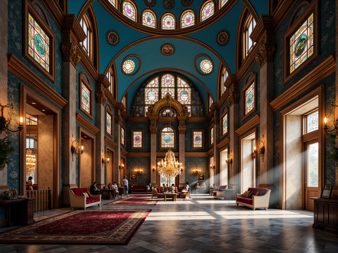 Prompt: Byzantine-style architecture, azure domes, golden accents, intricate mosaics, ornate arches, grandiose columns, luxurious marble floors, lavish velvet drapes, rich jewel-toned tapestries, opulent chandeliers, mystical stained glass windows, warm candlelight, dramatic shadows, 1/2 composition, symmetrical framing, atmospheric perspective, realistic textures, subtle glow effects.