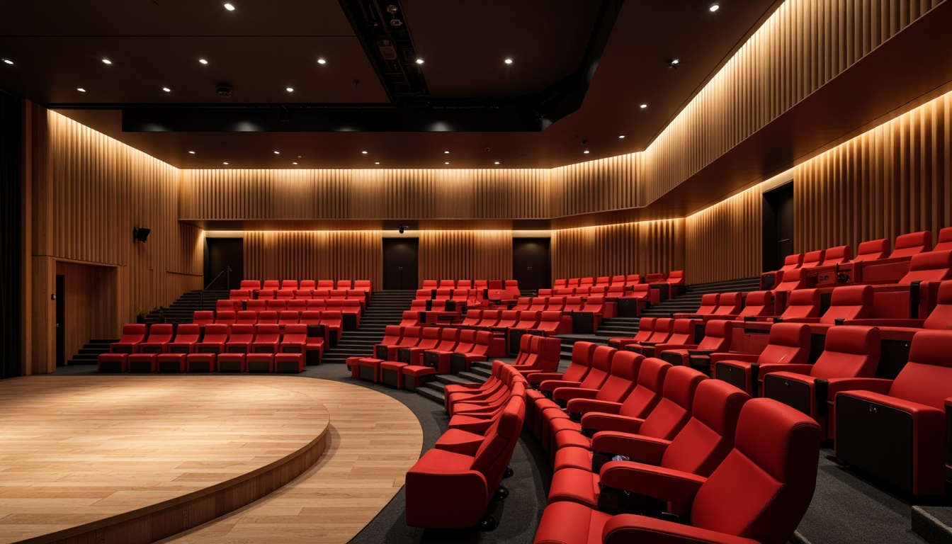 Prompt: Well-designed auditorium, plush red seats, curved stage, acoustic panels, wooden flooring, soundproof walls, comfortable temperature, natural airflow, subtle breeze, efficient air circulation, advanced ventilation systems, modern architecture, sleek lines, minimalist design, soft warm lighting, shallow depth of field, 3/4 composition, realistic textures, ambient occlusion.