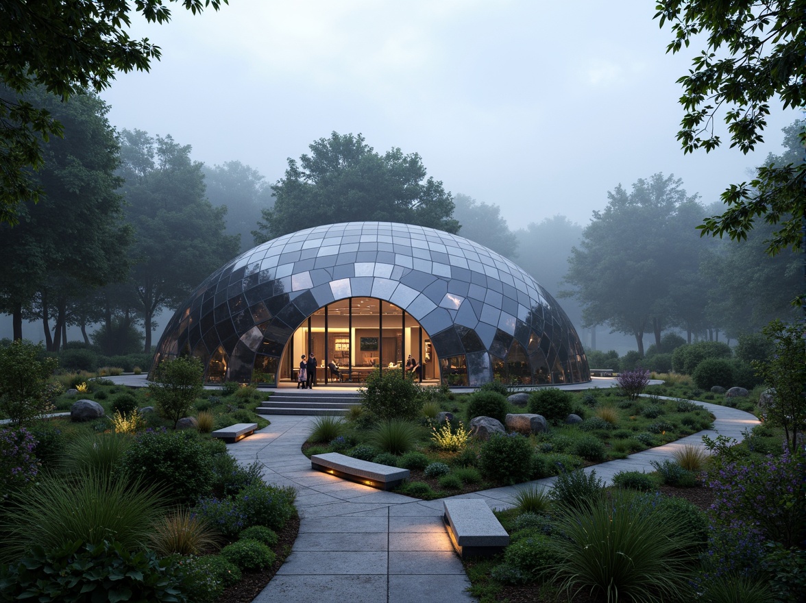 Prompt: Celestial-themed planetarium, futuristic dome structure, metallic exterior, glass panels, astronomical observatory, stargazing area, lush greenery, native plants, curved walkways, natural stone seating, ambient lighting, soft mist, foggy atmosphere, shallow depth of field, 1/1 composition, panoramic view, realistic textures, subtle animations.