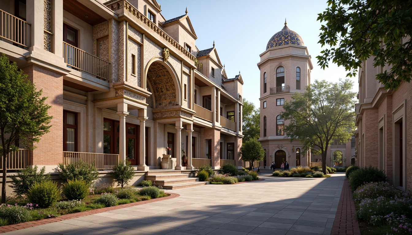 Prompt: Intricate stone carvings, ornate arches, grand domes, vibrant mosaic patterns, golden accents, rustic brick textures, weathered limestone walls, ornamental columns, imposing entrance gates, detailed frescoes, majestic bell towers, serene courtyard gardens, lush greenery, warm afternoon light, soft shadows, 3/4 composition, realistic textures, ambient occlusion.