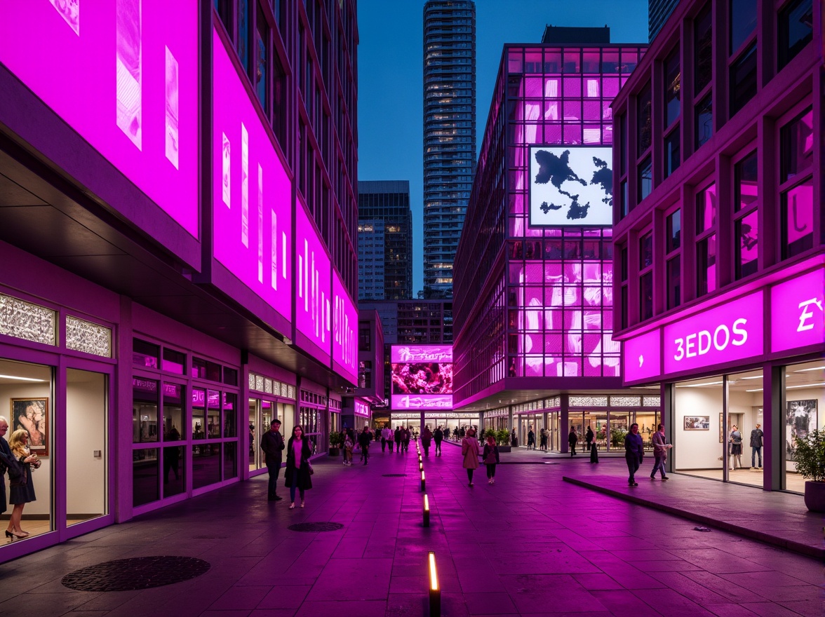 Prompt: Vibrant magenta buildings, futuristic architecture, neon-lit streets, urban cityscape, dynamic LED lights, bold geometric shapes, sleek metallic surfaces, iridescent glass facades, glowing accents, electric atmosphere, dramatic shadows, high-contrast lighting, 1/2 composition, cinematic angles, deep depth of field, realistic reflections, ambient occlusion.