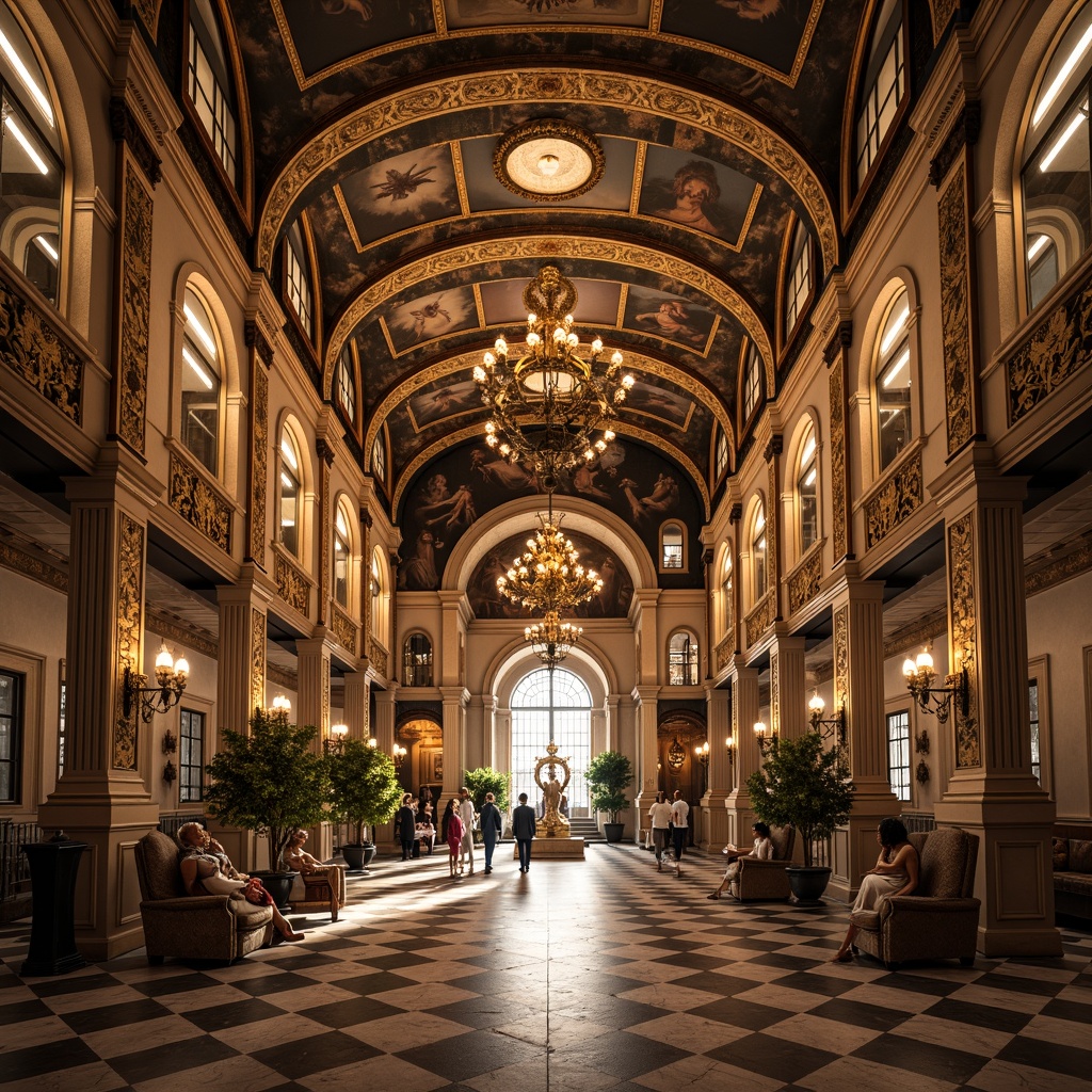 Prompt: Ornate palace, grandiose facade, sweeping arches, ornamental columns, gilded decorations, dramatic lighting, intricate carvings, curved lines, grand staircase, marble floors, vaulted ceilings, fresco paintings, lavish furnishings, rich textiles, golden accents, symmetrical composition, low-angle shot, warm color palette, high-contrast lighting, detailed ornaments.