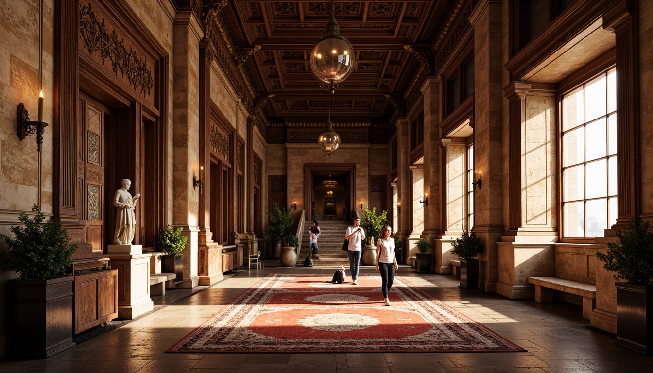 Prompt: Renaissance palace, ornate facades, carved stone columns, rustic brick walls, glazed terracotta tiles, intricate wooden ceilings, gilded ornaments, marble statues, grand staircases, luxurious velvet drapes, richly patterned rugs, warm candlelight, soft focus, shallow depth of field, 1/2 composition, realistic textures, ambient occlusion.