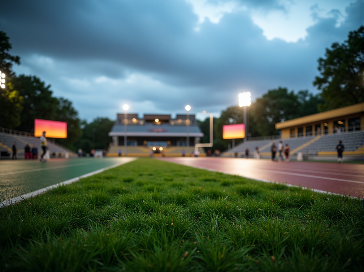 Prompt: Natural grass turf, athletic track surfaces, rubberized flooring, shock-absorbing materials, artificial turf systems, durable polyethylene fibers, vibrant green color schemes, stadium seating areas, scoreboards, floodlighting, evening ambiance, misty atmospheric conditions, shallow depth of field, 1/2 composition, realistic textures, ambient occlusion.