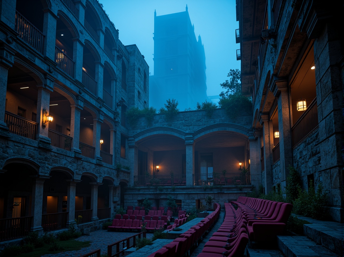 Prompt: Dark, mysterious Gothic stadium, ominous stone walls, eerie lanterns, mystical fog, midnight blue skies, dramatic spotlights, rich velvet seats, ornate metalwork, intricate carvings, ancient ruins, crumbling arches, weathered stone textures, misty atmospheric effects, low-key lighting, cinematic shadows, 3/4 composition, symmetrical architecture, imposing grandstands, eerie silhouettes, bold, vibrant colors.