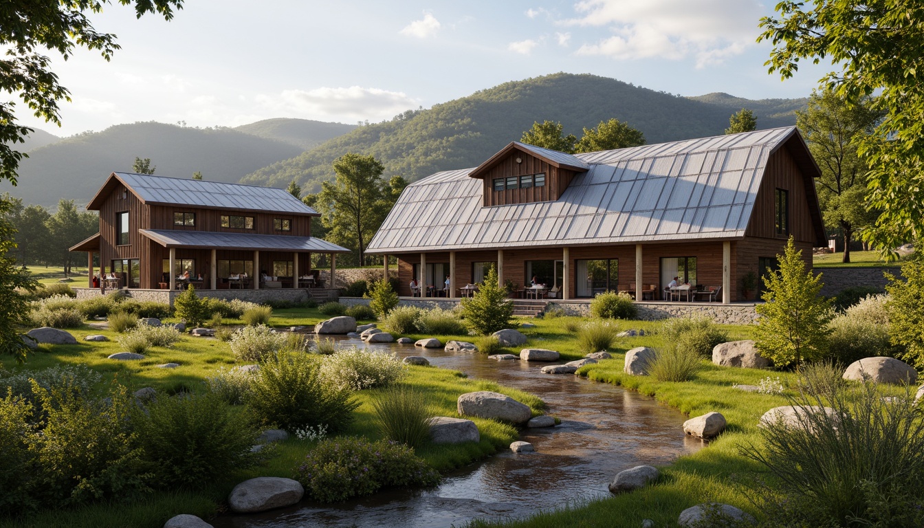 Prompt: Rustic barn architecture, rural landscape integration, natural stone walls, wooden accents, earthy tones, lush greenery, wildflowers, meandering streams, rolling hills, scenic vistas, rustic metal roofs, vintage farm equipment, distressed wood textures, warm soft lighting, shallow depth of field, 1/2 composition, realistic atmospheric effects, ambient occlusion.