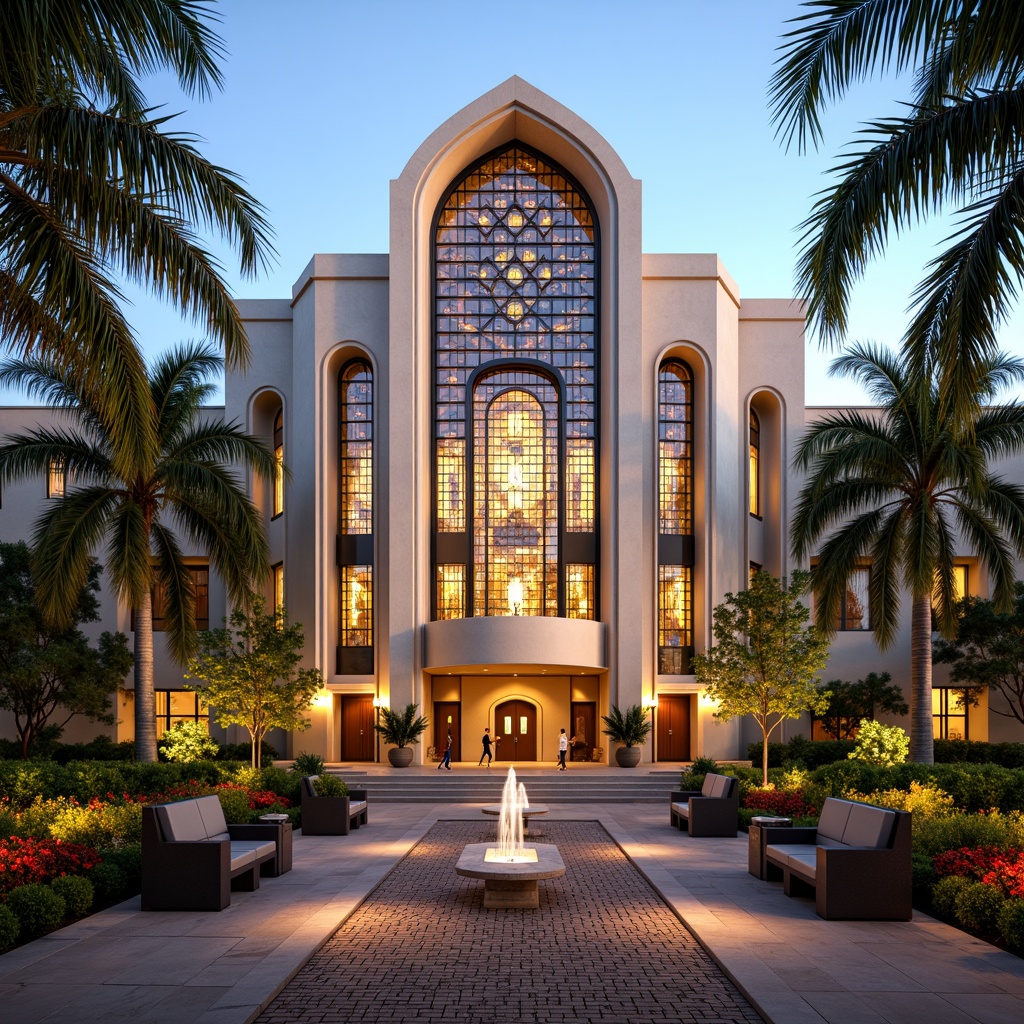 Prompt: Art Deco church, symmetrical fa\u00e7ade, ornate stone carvings, geometric metalwork, vibrant stained glass windows, lush greenery, palm trees, blooming flowers, curved walkways, ornamental fountains, grand entrance, sweeping arches, dramatic lighting, warm golden tones, intricate tile work, mosaic patterns, Mediterranean-inspired landscaping, tropical plants, statement sculptures, elegant benches, symmetrical gardens, serene ambiance, shallow depth of field, 1/1 composition, panoramic view.