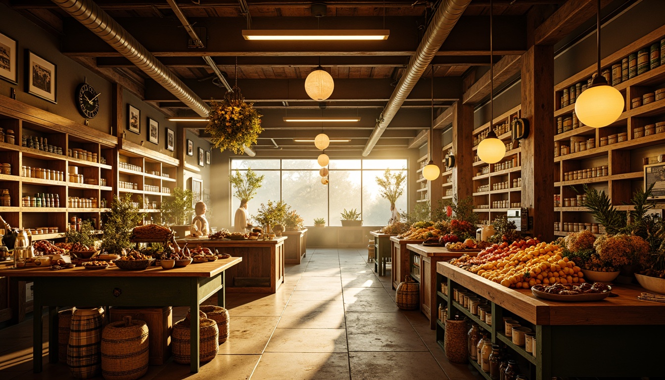 Prompt: Vibrant grocery store interior, warm golden lighting, dramatic shadows, rich textures, bold color accents, eclectic product displays, distressed wood shelves, industrial metal racks, ornate decorative fixtures, soft box lightings, high contrast ratios, cinematic ambiance, 1/2 composition, atmospheric fog, subtle lens flares, realistic reflections, intricate details.