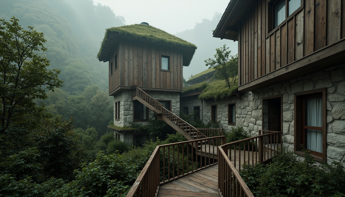 Prompt: Winding wooden staircase, rustic metal railings, earthy tone stone walls, verdant green roofs, overhanging eaves, asymmetrical tower shape, irregular windows, distressed wood textures, natural lighting, misty atmosphere, foggy mornings, eerie silence, abandoned feel, mysterious ambiance, cinematic composition, low-key lighting, high contrast ratio, 2.35