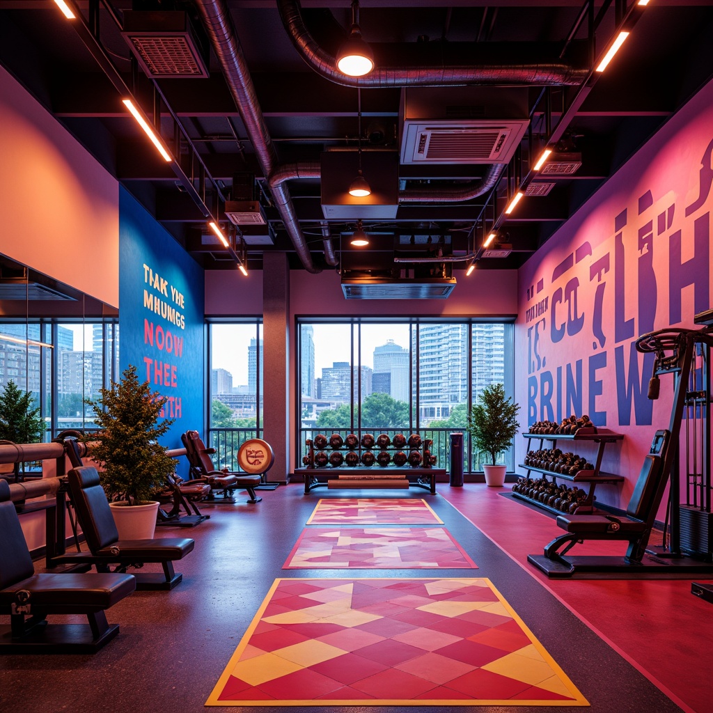 Prompt: Vibrant fitness studio, bold color scheme, energetic atmosphere, motivational quotes, modern equipment, sleek flooring, metallic accents, neon lights, urban cityscape, morning sunlight, high-contrast shadows, dramatic lighting, 1/2 composition, shallow depth of field, realistic textures.