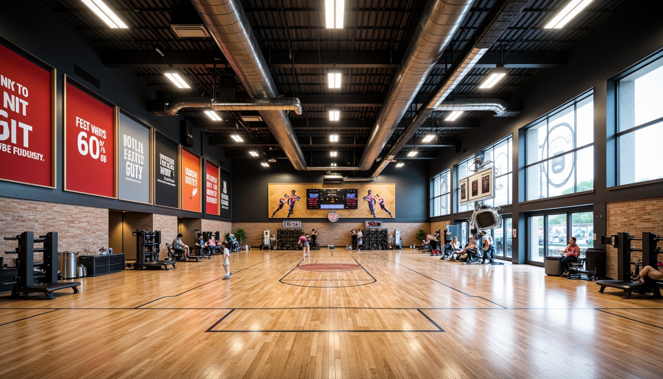 Prompt: Modern gymnasium interior, polished wooden flooring, sports-themed wall murals, dynamic LED lighting, high ceilings, exposed ductwork, metallic accents, athletic-inspired color schemes, motivational quotes, inspirational graphics, state-of-the-art fitness equipment, mirrored walls, rubberized flooring, sound-absorbing panels, natural stone feature walls, reclaimed wood accent walls, industrial-chic metal beams, overhead scoreboard displays, panoramic windows, abundant natural light, softbox lighting, 3/4 composition, realistic textures, ambient occlusion.