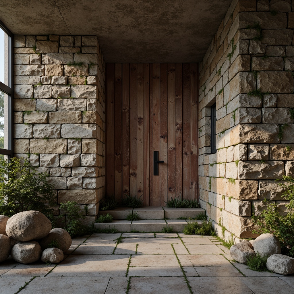 Prompt: Rough stone walls, organic rock formations, earthy tones, natural textures, weathered wood planks, distressed metal sheets, rustic brick facades, worn concrete floors, moss-covered stones, lichen-infused surfaces, subtle gradient maps, high-frequency details, ambient occlusion, cinematic lighting, shallow depth of field, 3/4 composition, realistic renderings.