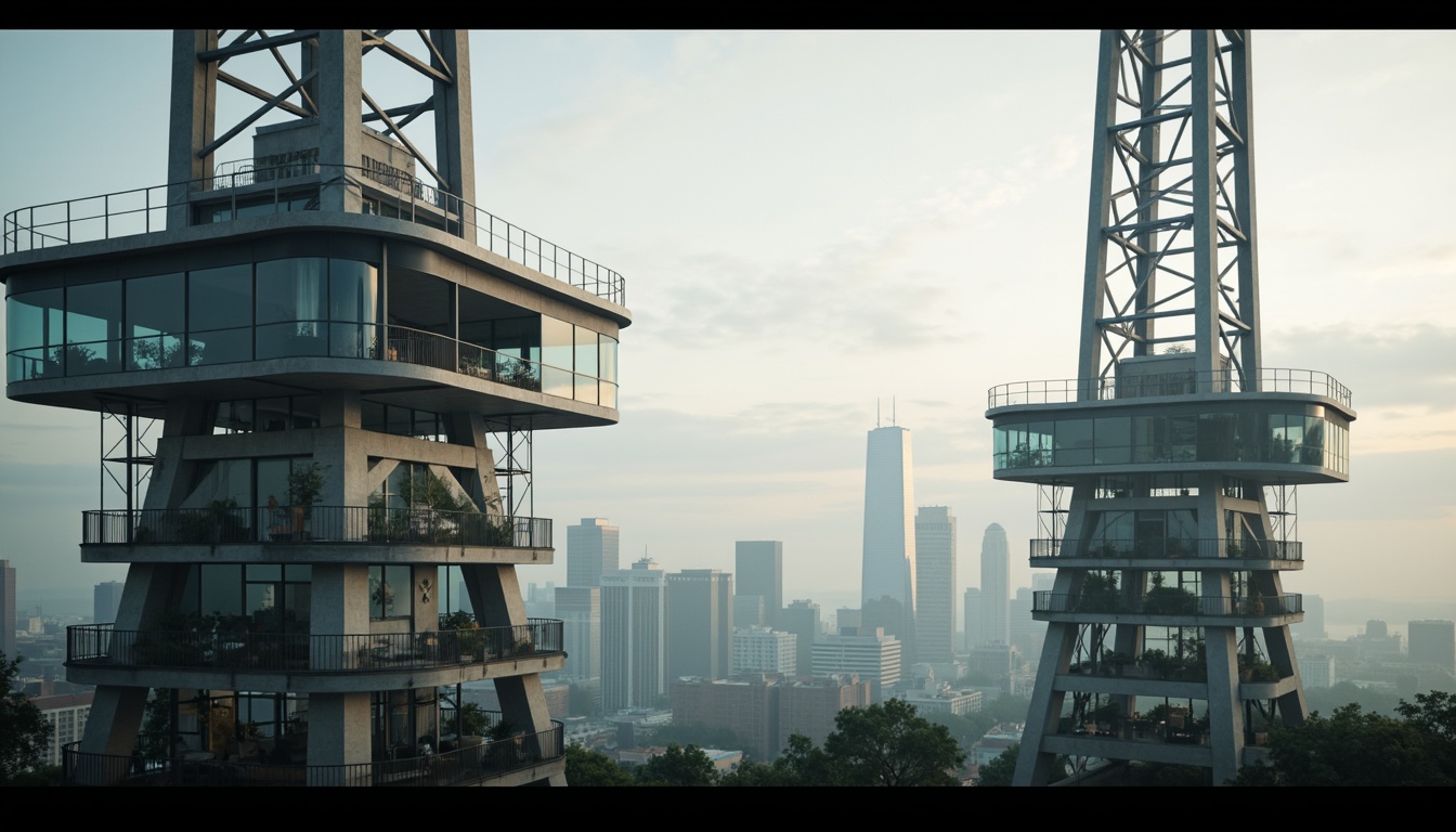 Prompt: Sleek watching towers, modernist architecture, steel beams, reinforced concrete, cantilevered structures, geometric shapes, clean lines, minimal ornamentation, functional simplicity, industrial materials, exposed ductwork, urban landscapes, city skylines, foggy mornings, dramatic lighting, high-contrast shadows, 1/1 composition, symmetrical framing, cinematic atmosphere, realistic textures, ambient occlusion.