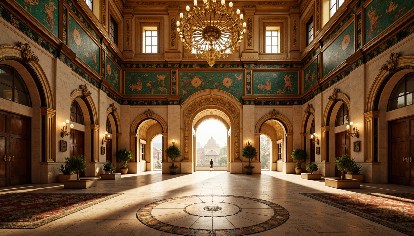 Prompt: Golden domes, ornate arches, intricate mosaics, vibrant turquoise accents, rustic stone walls, ornamental columns, grand entrance gates, richly patterned carpets, majestic chandeliers, warm golden lighting, shallow depth of field, 1/2 composition, symmetrical framing, Byzantine-inspired ornaments, luxurious marble floors, polished bronze details, ambient occlusion, realistic textures.