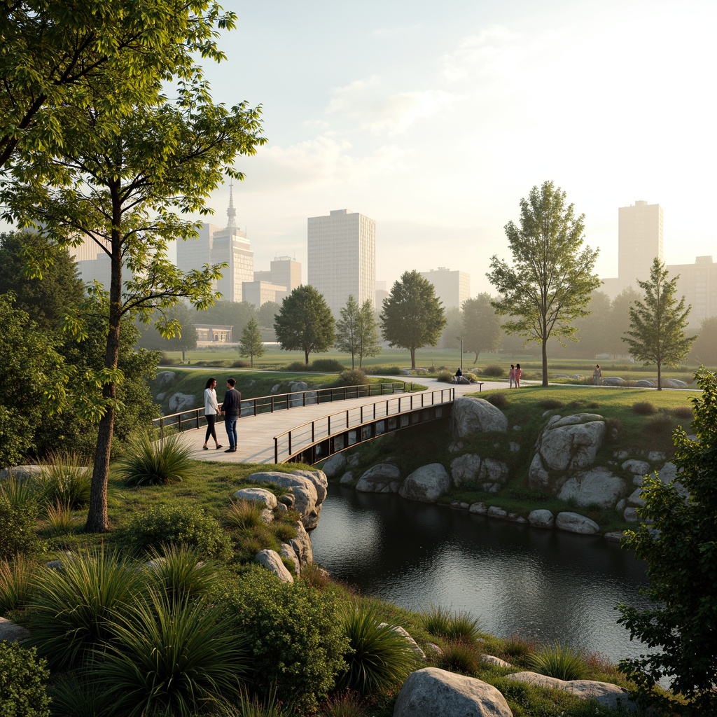 Prompt: Eco-friendly pedestrian bridge, lush green vegetation, native plant species, natural stone piers, curved steel beams, wooden decking, solar-powered lighting, rainwater harvesting systems, grey water reuse, low-maintenance materials, minimal carbon footprint, scenic city views, morning fog, soft warm light, shallow depth of field, 1/2 composition, realistic textures, ambient occlusion.