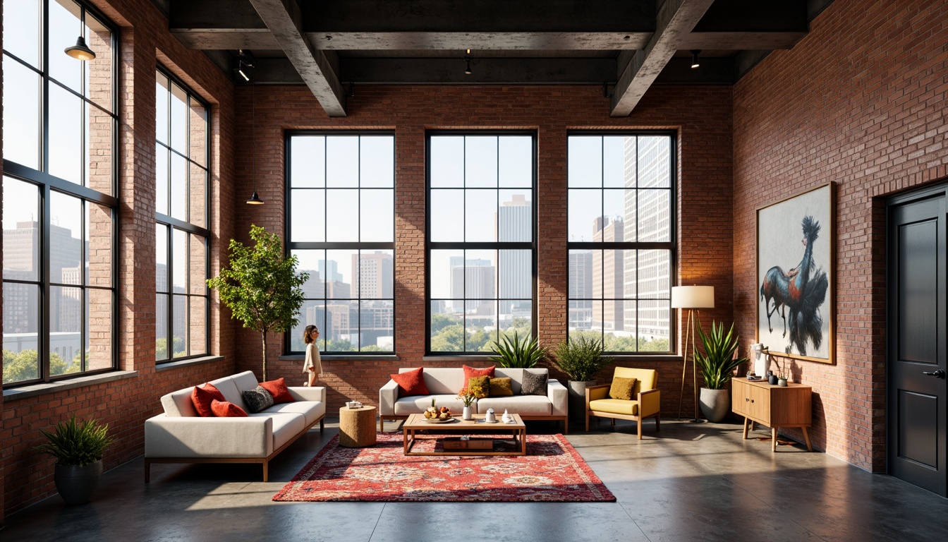 Prompt: Industrial-chic loft, exposed brick walls, metal beams, polished concrete floors, modern minimalistic furniture, vibrant color accents, eclectic artwork, abstract sculptures, playful textiles, bold patterned rugs, oversized windows, natural light pouring in, urban cityscape views, soft warm lighting, shallow depth of field, 1/2 composition, realistic textures, ambient occlusion.