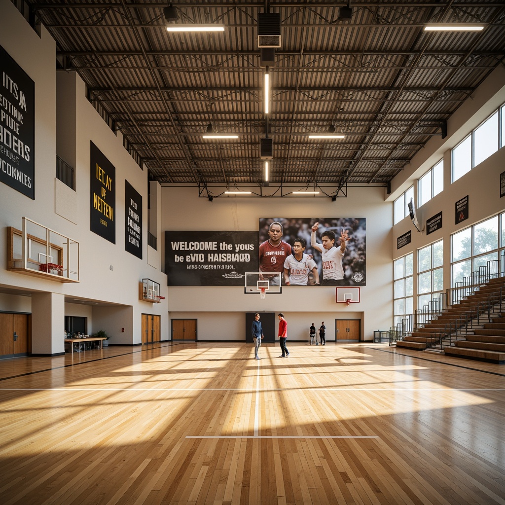 Prompt: Modern gymnasium interior, polished wooden floors, bright overhead lighting, athletic equipment, basketball hoops, volleyball nets, bleacher seating, motivational quotes, trophy displays, spacious open areas, high ceilings, large windows, natural daylight, warm color schemes, dynamic shadows, 1/2 composition, shallow depth of field, realistic textures, ambient occlusion.