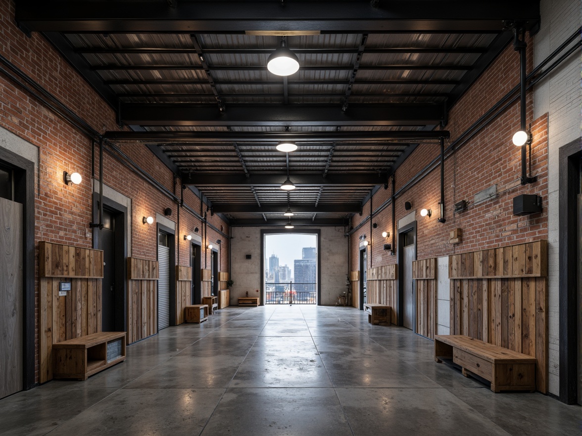 Prompt: Industrial warehouse setting, exposed brick walls, metallic beams, polished concrete floors, reclaimed wood accents, distressed metal cladding, functional pipes, minimalist lighting fixtures, urban cityscape views, overcast skies, dramatic shadows, high-contrast lighting, 1/2 composition, symmetrical framing, realistic material textures, subtle ambient occlusion.