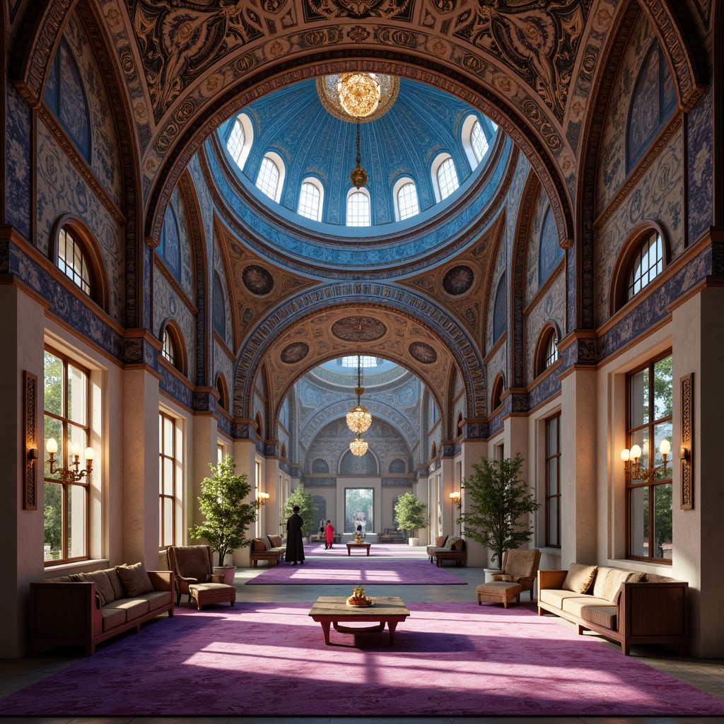 Prompt: Byzantine-inspired architecture, intricately patterned mosaics, azure domes, golden accents, ornate columns, lavish furnishings, rich velvet fabrics, regal purple hues, subtle cream tones, warm bronze lighting, dramatic archways, grandiose chandeliers, opulent marble floors, mystical ambiance, soft focus, atmospheric perspective, 1/2 composition, cinematic view, detailed textures, advanced normal mapping.