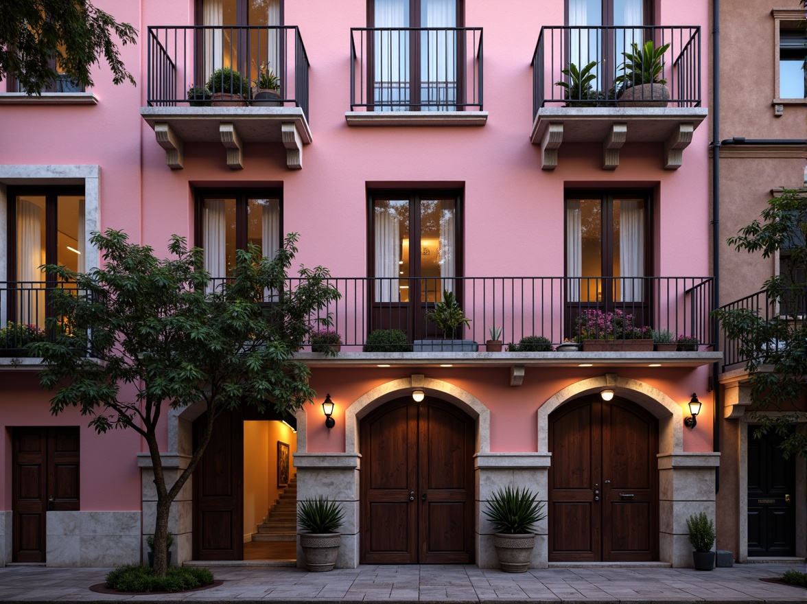 Prompt: Mauve-hued building facade, soft pinkish-purple tones, elegant archways, ornate balconies, intricate stonework, lush greenery, vintage decorative elements, distressed wooden accents, warm golden lighting, shallow depth of field, 1/2 composition, atmospheric perspective, romantic ambiance, whimsical flourishes, subtle texture overlays, nuanced color gradations.