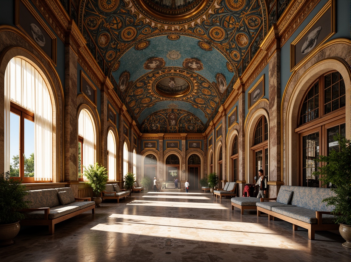 Prompt: \Byzantine palace, intricate mosaics, azure domes, golden accents, ornate columns, arched windows, lavish furnishings, rich textiles, regal atmosphere, warm soft lighting, subtle shadows, 1/1 composition, symmetrical framing, ornamental details, luxurious marble floors, Byzantine patterns, vibrant jewel tones, majestic architecture, atmospheric perspective, realistic reflections.\