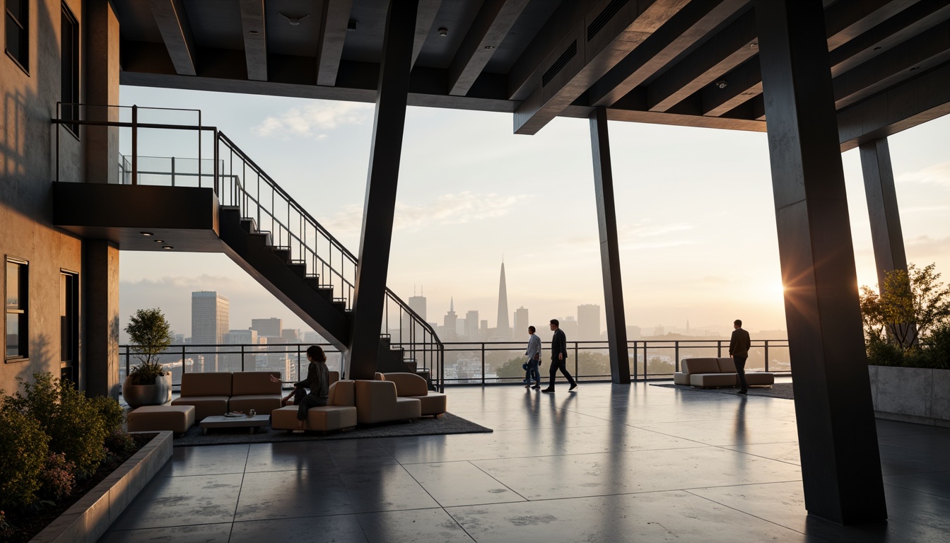 Prompt: Sleek watching towers, modernist architecture, cantilevered staircases, angular steel beams, exposed ductwork, industrial materials, polished concrete floors, minimalist decor, urban cityscape, foggy morning, soft warm lighting, shallow depth of field, 3/4 composition, panoramic view, realistic textures, ambient occlusion.