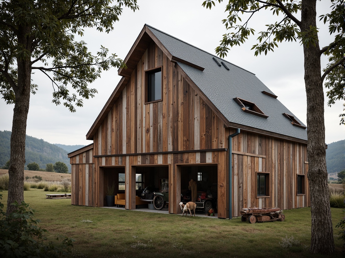 Prompt: Rustic barn, weathered wooden boards, corrugated metal roofing, innovative truss design, exposed rafters, natural ventilation systems, clerestory windows, skylights, agricultural tools, hayloft storage, vintage farm equipment, distressed wood textures, earthy color palette, rural landscape, rolling hills, overcast sky, soft diffused lighting, shallow depth of field, 1/2 composition, realistic rendering, ambient occlusion.