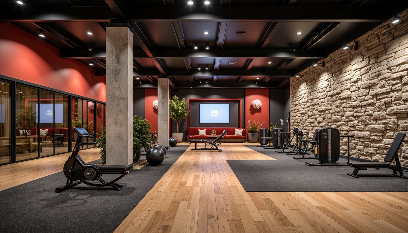 Prompt: Luxurious fitness club, contrasting materials, polished wood flooring, sleek metal equipment, rustic stone walls, industrial steel beams, modern glass partitions, vibrant color accents, textured concrete columns, plush carpeted areas, soft ambient lighting, dynamic shadows, 3/4 composition, realistic reflections, atmospheric depth of field.