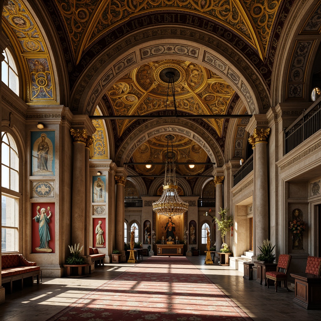 Prompt: Intricate arches, ornate stone carvings, golden domes, vibrant mosaics, Byzantine-inspired architecture, grandiose entranceways, ornamental columns, marble floors, lavish decorations, sacred icons, richly patterned textiles, warm candlelight, shallow depth of field, 1/2 composition, dramatic shadows, realistic textures, ambient occlusion.