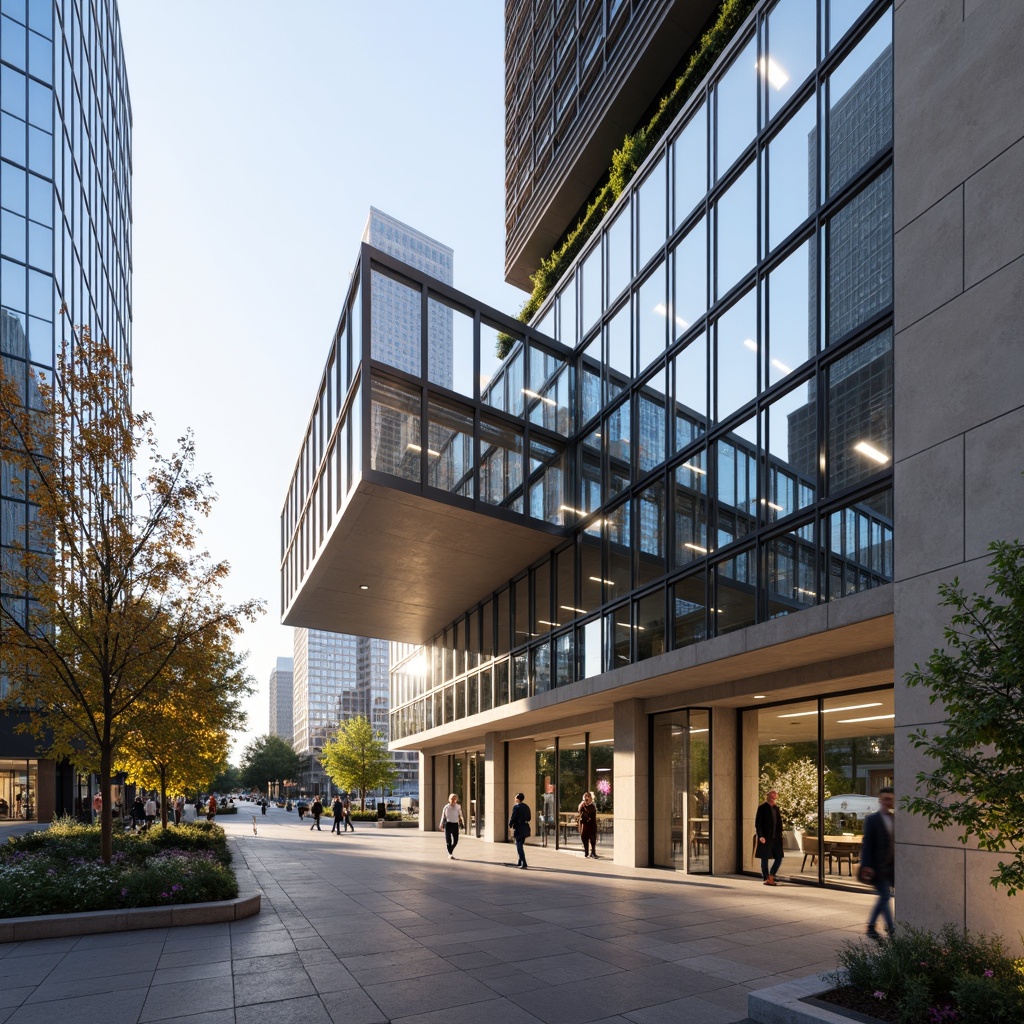 Prompt: Modern banking facility, sleek glass facade, metallic frames, angular lines, neutral color palette, natural stone cladding, cantilevered rooflines, grand entrance, revolving doors, LED signage, minimalist landscaping, pedestrian walkways, urban cityscape, morning sunlight, soft warm lighting, shallow depth of field, 1/1 composition, realistic textures, ambient occlusion.Please let me know if you need any adjustments!