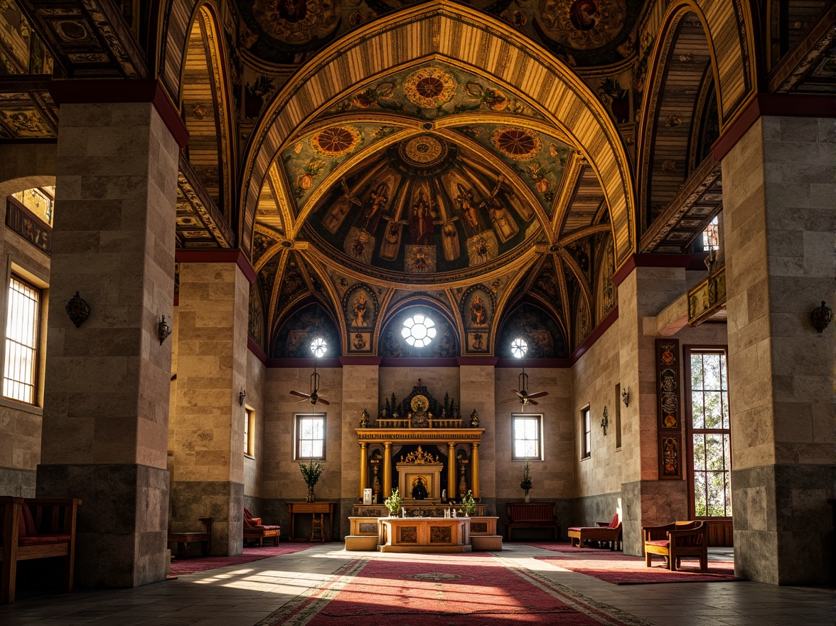 Prompt: Ancient Byzantine temple, ornate arches, intricate mosaics, golden domes, rustic stone walls, vibrant apse murals, majestic columns, ornamental capitals, richly textured fabrics, warm candlelight, soft mystical ambiance, 1/2 composition, low-angle shot, dramatic shadows, realistic stone textures, ambient occlusion.