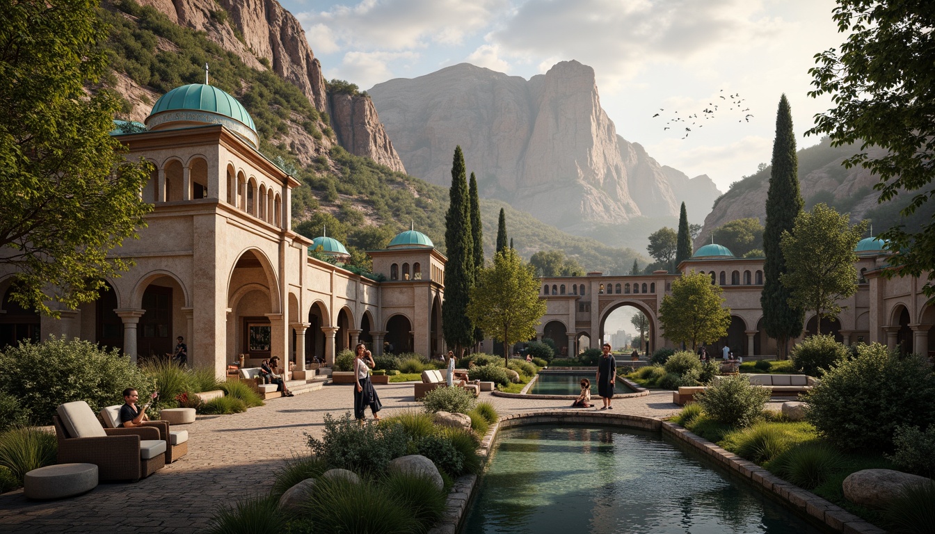 Prompt: Majestic mountainous Byzantine-style center, grand stone fa\u00e7ade, intricately carved arches, ornate mosaics, vibrant turquoise domes, lush greenery, towering trees, winding cobblestone paths, rustic wooden bridges, serene water features, tranquil ponds, gentle cascades, natural rock formations, rugged terrain, misty atmospheric effects, warm golden lighting, 1/2 composition, dramatic shadows, realistic textures, ambient occlusion.Please let me know if this meets your requirements!