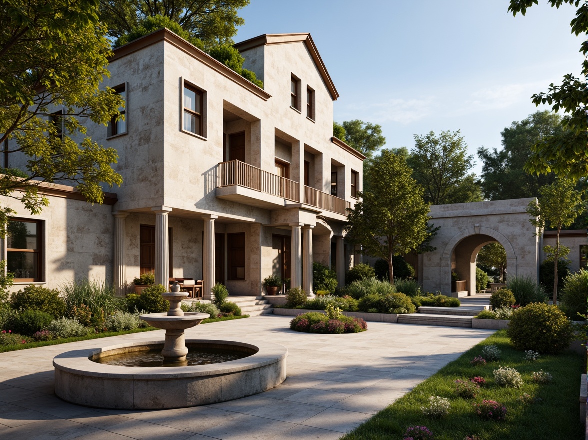 Prompt: Grand villa, Doric columns, ornate capitals, rustic stone walls, lush greenery, blooming flowers, tranquil fountain, serene courtyard, classic architecture, symmetrical facade, balanced composition, warm natural lighting, soft shadows, realistic textures, ambient occlusion.