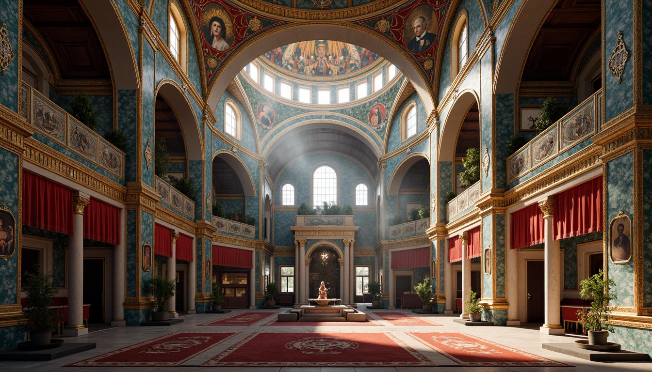 Prompt: Byzantine architecture, grand domes, ornate arches, intricate mosaics, azure blue walls, golden accents, lavish ornaments, luxurious fabrics, velvet drapes, gemstone-encrusted icons, ornamental patterns, detailed frescoes, rich tapestries, majestic pillars, sunlit apses, warm ambient lighting, high contrast shadows, dramatic depth of field, 2/3 composition, symmetrical framing, realistic textures, subtle atmospheric fog.