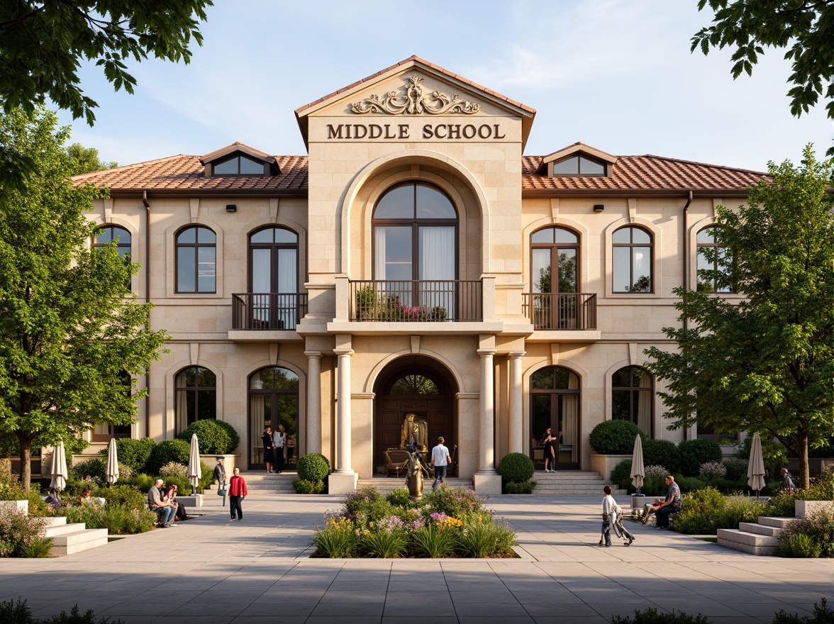 Prompt: Renaissance-style middle school building facade, ornate stone carvings, arched windows, grand entranceways, symmetrical architecture, warm beige stonework, terracotta roof tiles, lush greenery, mature trees, vibrant flower beds, outdoor seating areas, bronze statues, intricate metalwork, classical columns, ornate balustrades, soft natural lighting, shallow depth of field, 1/1 composition, realistic textures, ambient occlusion.