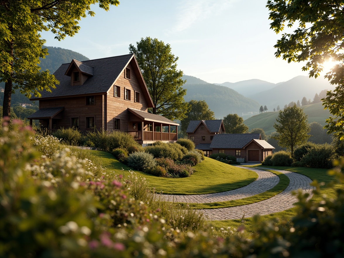 Prompt: Rural village setting, traditional farmhouse, rustic wooden facade, pitched roof, earthy tones, natural stone foundation, lush green surroundings, rolling hills, distant mountains, serene atmosphere, warm golden lighting, shallow depth of field, 1/1 composition, panoramic view, realistic textures, ambient occlusion.