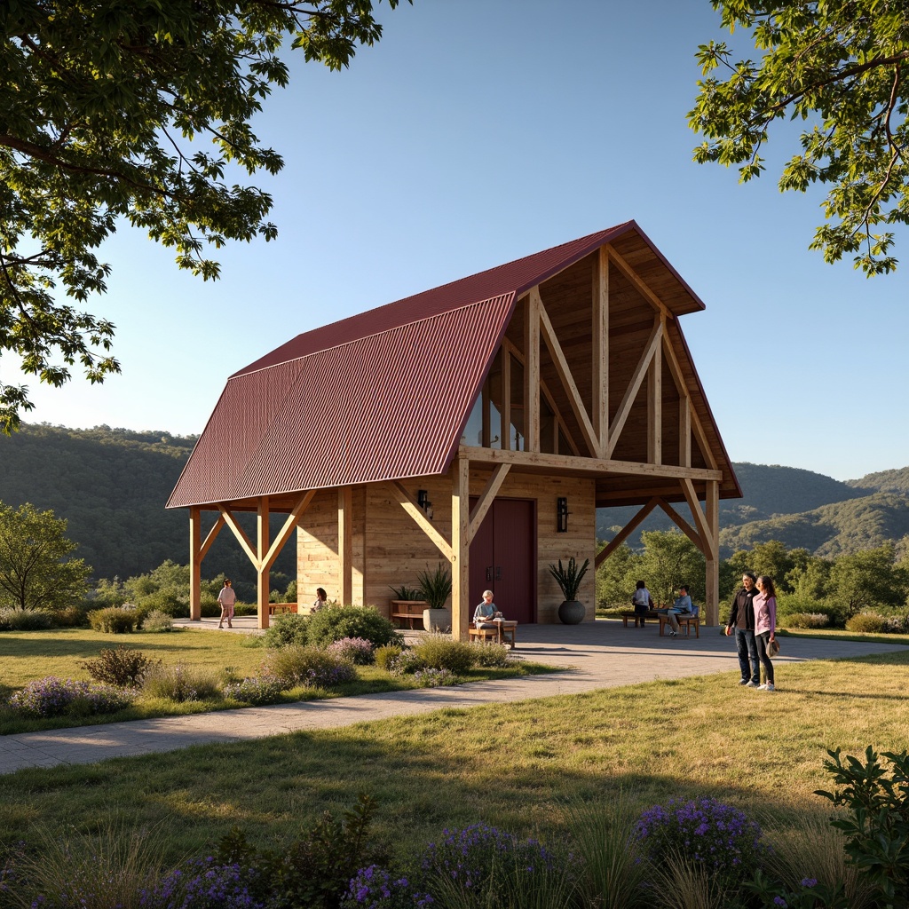 Prompt: Rustic barn architecture, wooden beams, pitched roof, gambrel shape, modern twist, innovative truss design, steel accents, corrugated metal cladding, earthy tones, natural surroundings, rolling hills, green pastures, sunny day, soft warm lighting, shallow depth of field, 3/4 composition, panoramic view, realistic textures, ambient occlusion.