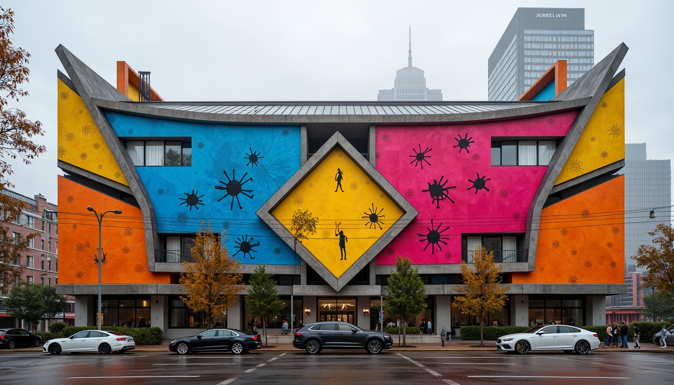 Prompt: Vibrant gymnasium facade, bold expressionist architecture, dynamic angular lines, bright color blocking, geometric patterned walls, irregular window shapes, cantilevered rooflines, metallic accents, industrial materials, urban cityscape background, morning misty atmosphere, softbox lighting, shallow depth of field, 2/3 composition, dramatic shadows, high-contrast textures, abstract art-inspired murals.