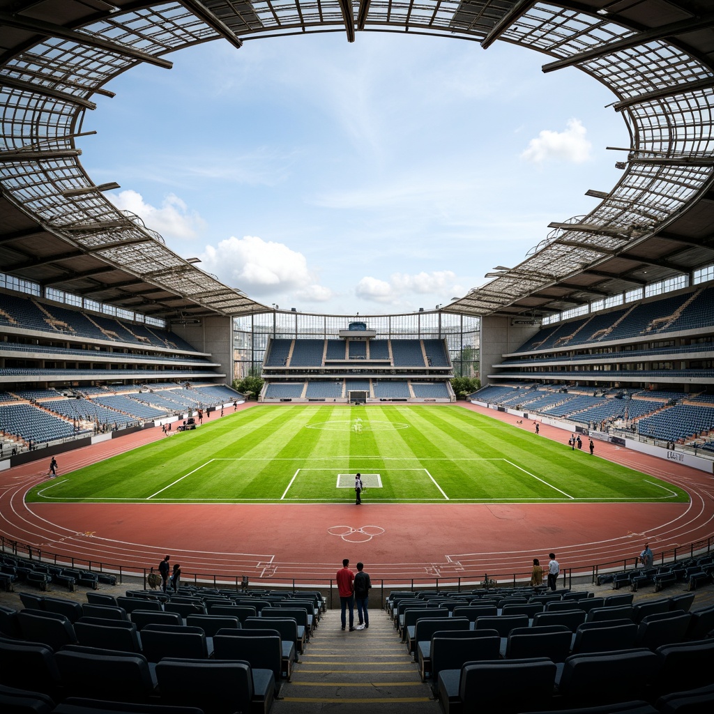 Prompt: Athletic stadium, tiered seating, lush green grass, Olympic-sized track, professional soccer field, basketball court markings, volleyball nets, tennis court surfaces, athletic tracks, jumping pits, discus throwing areas, spectator stands, modern architecture, cantilevered roofs, steel beams, transparent glass facades, sunken fields, elevated platforms, 3-point perspective, atmospheric lighting, shallow depth of field, wide-angle lens, realistic textures, ambient occlusion.