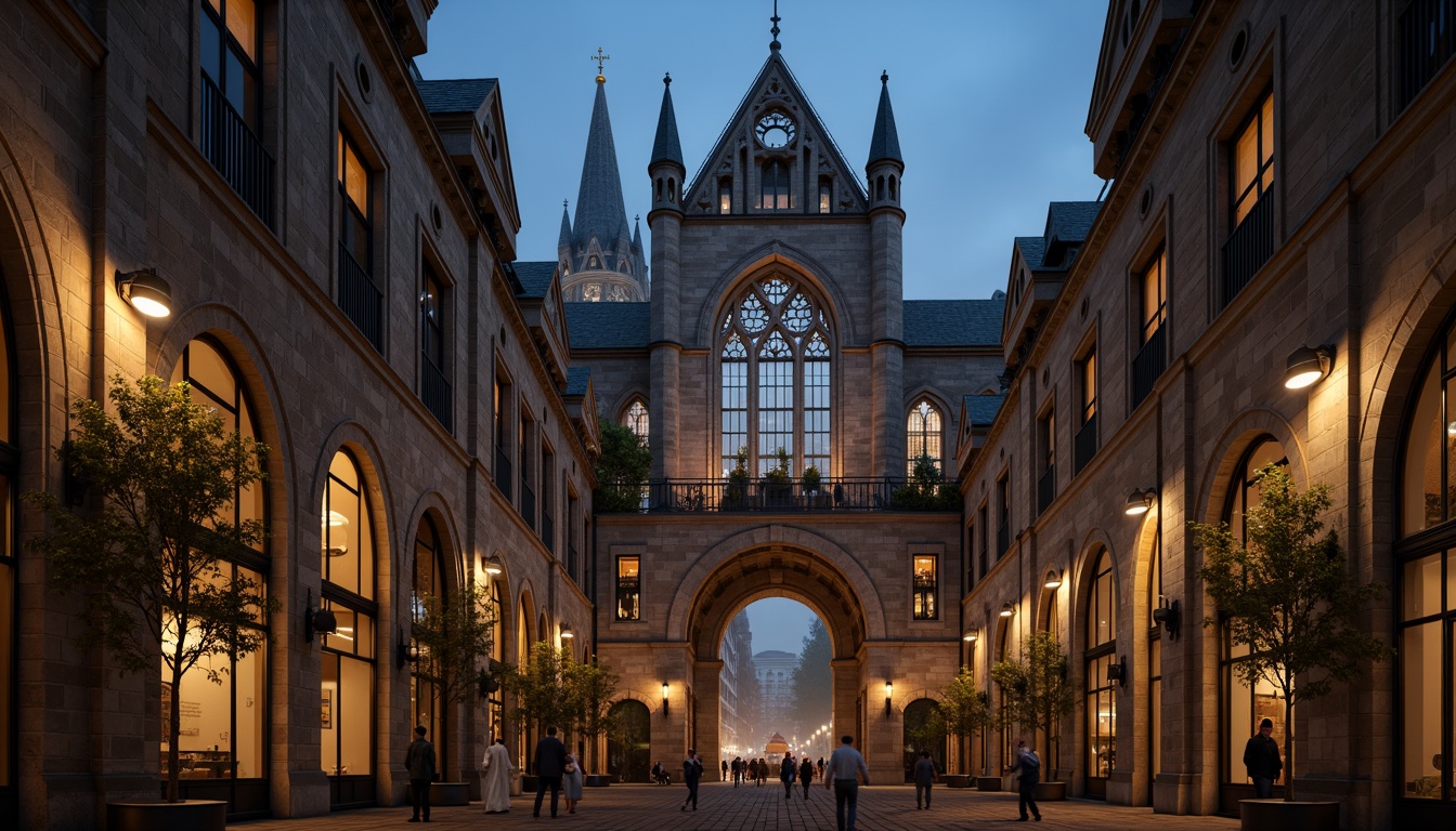 Prompt: Rustic stone facades, pointed arches, ribbed vaults, flying buttresses, grandiose entrance gates, ornate gargoyles, intricate tracery, stained glass windows, majestic spires, towering steeples, dramatic nighttime illumination, atmospheric fog effects, detailed stonework textures, 3/4 composition, cinematic camera angles, warm golden lighting, shallow depth of field, realistic crowd simulations.