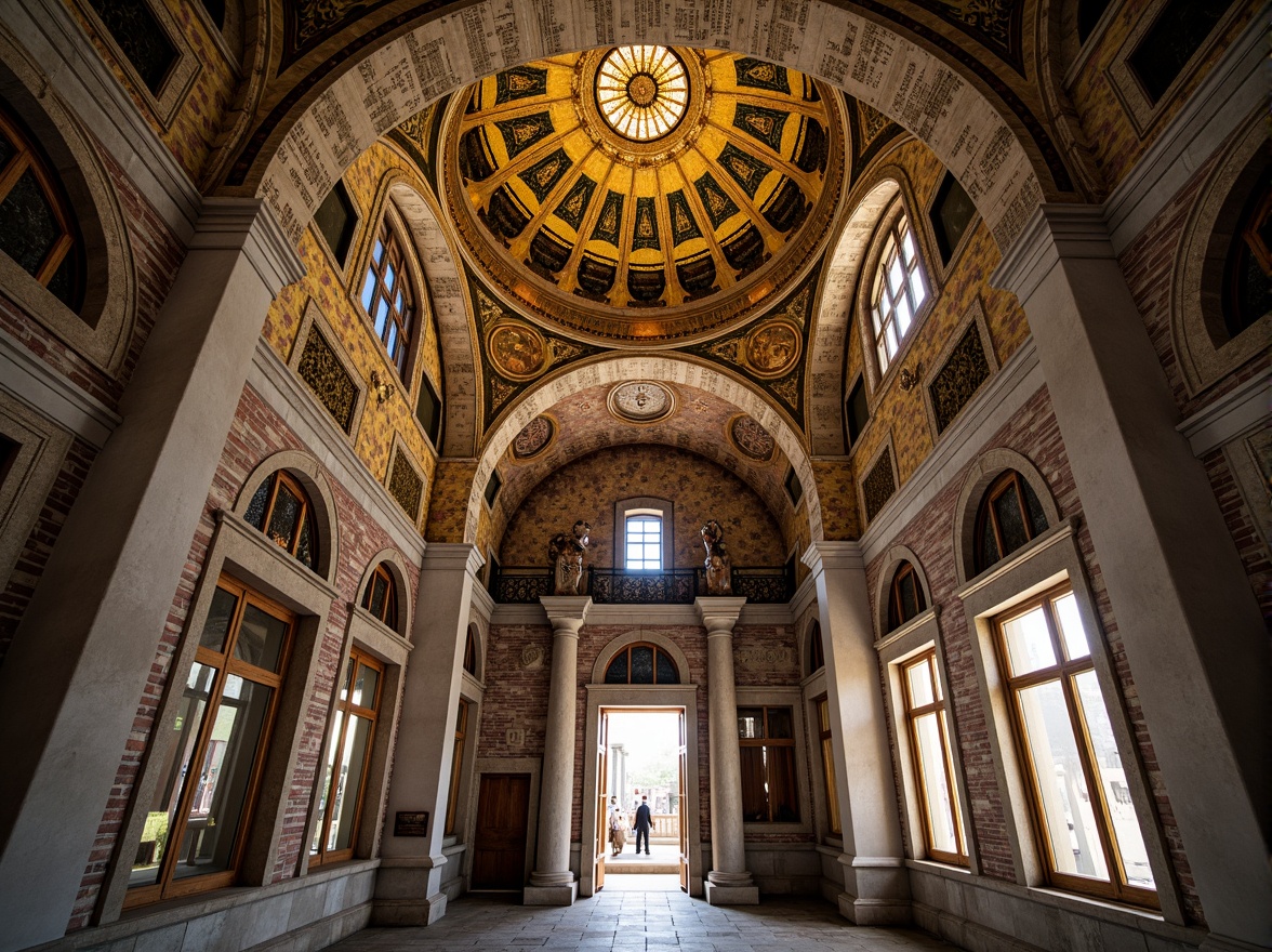 Prompt: Intricate stone carvings, ornate arches, grand domes, golden mosaics, vibrant frescoes, richly textured stucco, rustic brick facades, ornamental columns, intricate capitals, Byzantine patterns, subtle weathered effects, warm ambient lighting, shallow depth of field, 2/3 composition, realistic textures, ambient occlusion.