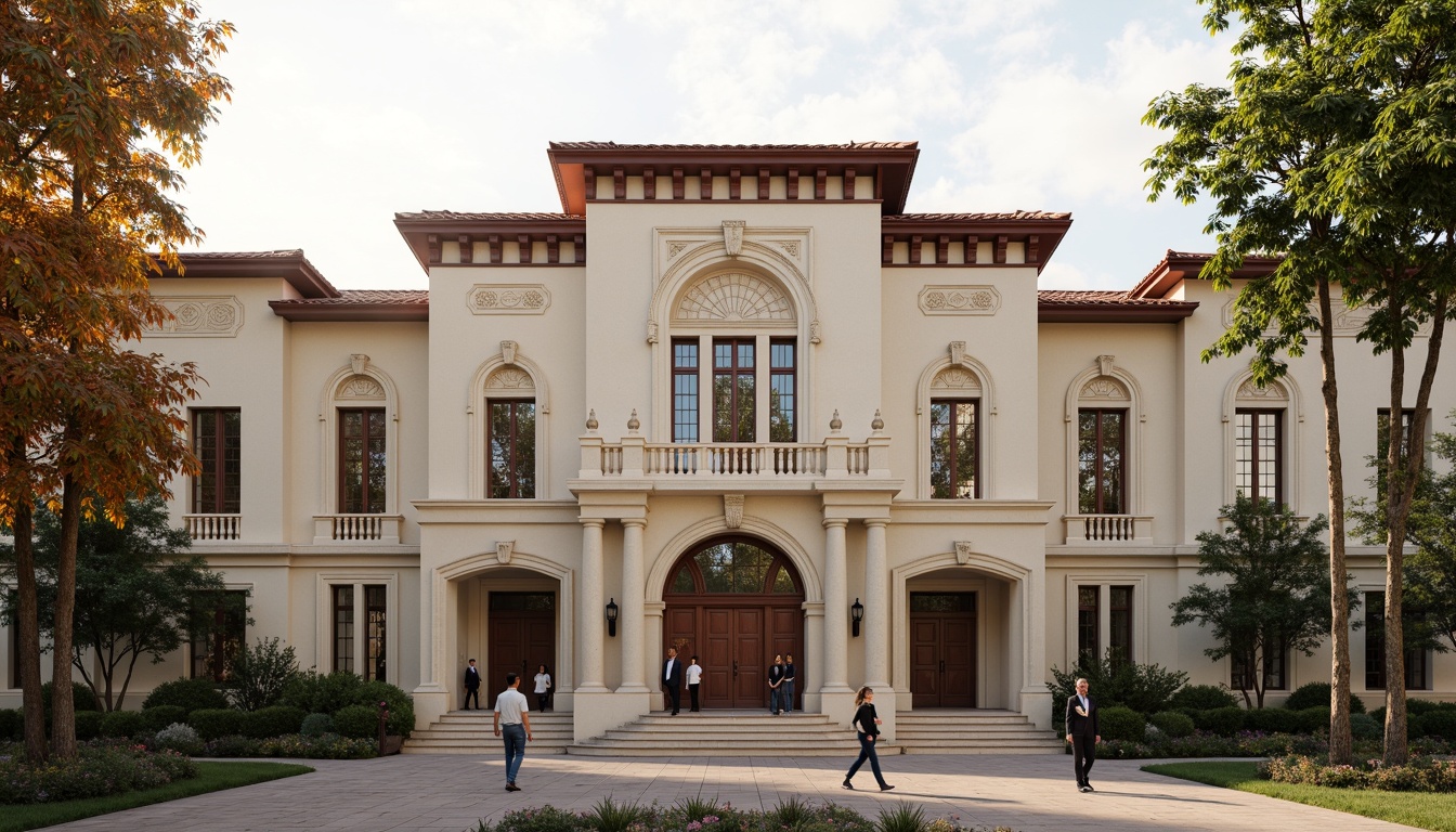 Prompt: Renaissance-style middle school, symmetrical facade, ornate stone carvings, classical columns, arches, red terracotta roofing, cream-colored stucco walls, decorative cornices, grand entrance, wooden doors, bronze hardware, stained glass windows, elegant proportions, balanced composition, soft natural lighting, warm afternoon sun, shallow depth of field, 1/1 composition, realistic textures, ambient occlusion.